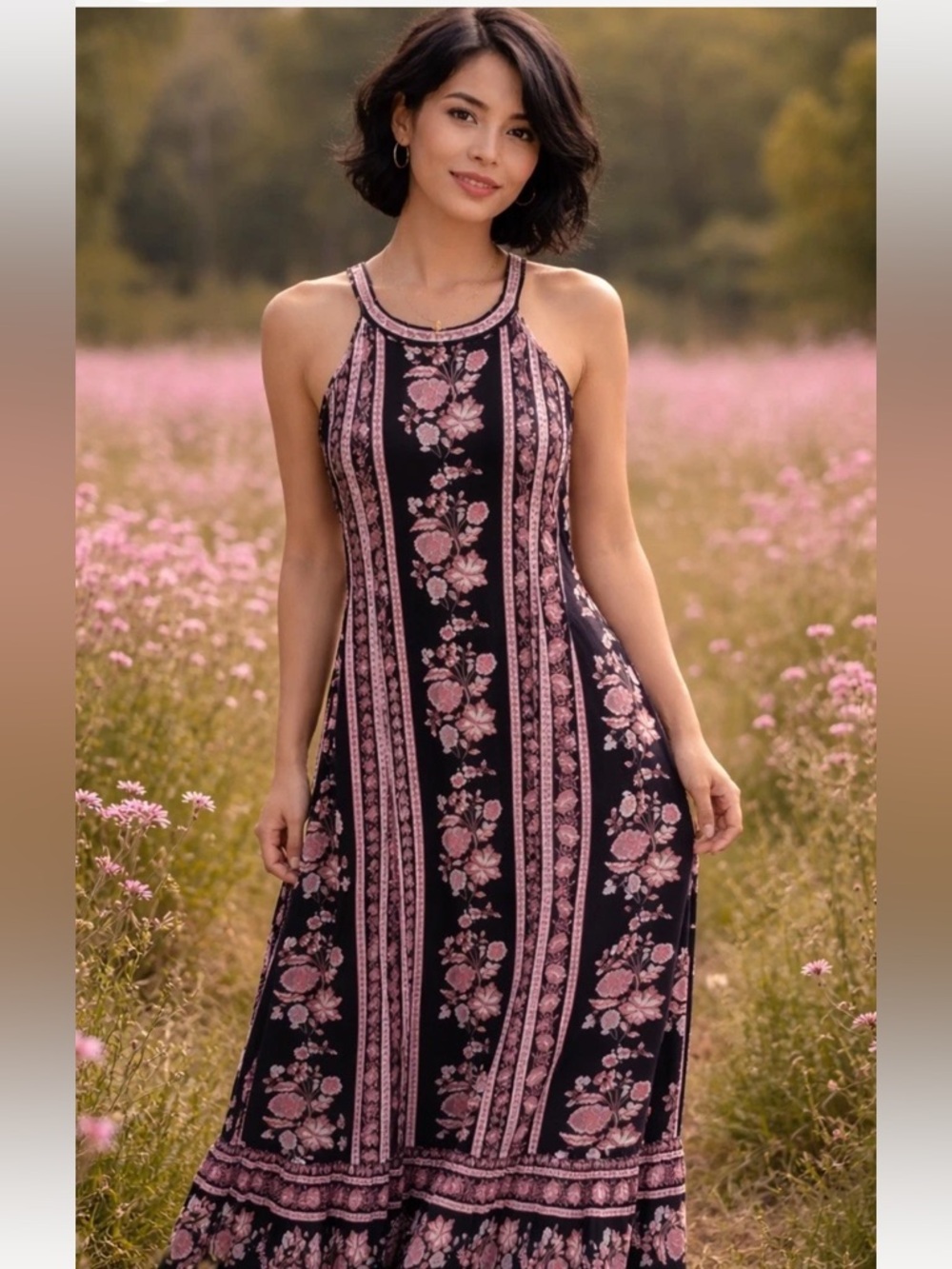 Loft Maxi Dress Women’s Large Halter Style Black Pink Floral